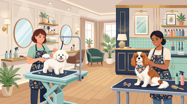 Happy professional groomers working in a modern pet grooming salon, cutting fur of cute Bichon Frise and Cavalier King Charles Spaniel dogs. Cozy and friendly atmosphere.