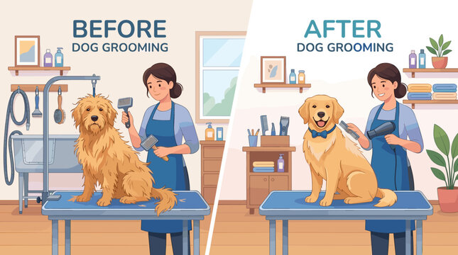 A split screen cartoon illustration comparing a messy dog before grooming and a clean happy dog after professional grooming service by a smiling pet stylist.