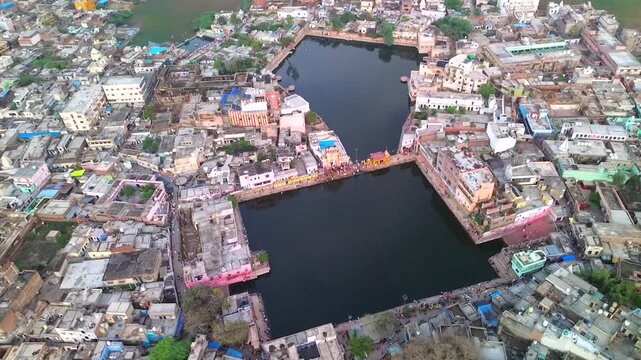 Drone flight along the western side around the sacred lakes Radha Kunda and Shyama Kunda in Govardhana, Vrindavan