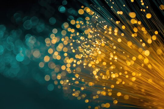 Close-up of glowing fiber optic strands with blurred teal and gold bokeh