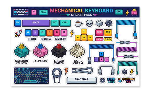 Mechanical Keyboard Sticker Pack: A vibrant collection of pixel art elements for mechanical keyboard enthusiasts, featuring custom keycaps, switches, cables, and accessories for a personalized build.