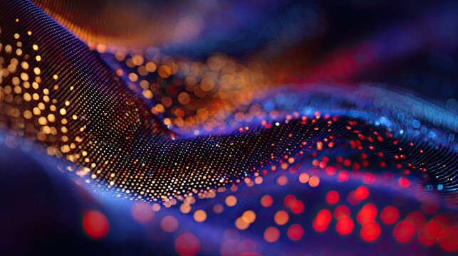 Abstract glowing particles flow across a wavy, textured surface in deep blues and oranges