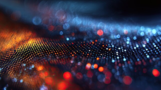 Abstract glowing digital network of dots with bokeh lights, warm and cool tones