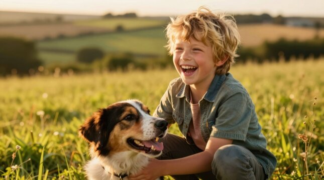 Young boy and dog laughing together in grassy field at sunset