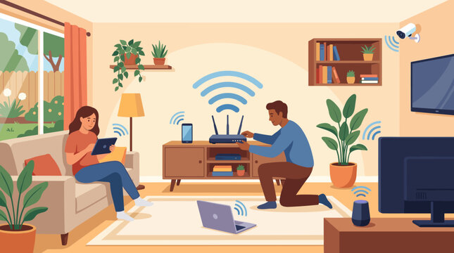 A man installing a WiFi router while a woman uses a tablet in a cozy living room. Illustrates modern connected lifestyle, smart home devices, and high-speed internet technology connectivity.