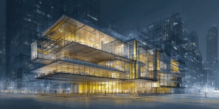 Modern building design sketch at night, illuminated by warm light