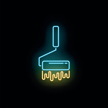 Paint roller icon glowing with blue and yellow neon lights on a black background