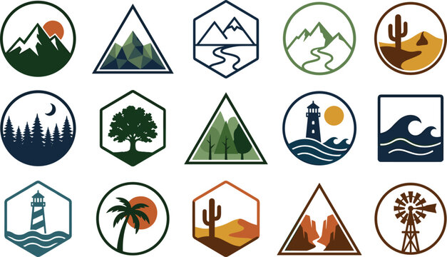 Mountain landscape badge vector icon set with outdoor adventure nature logos for travel design