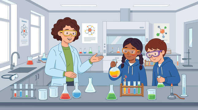 Teacher and students performing chemistry experiments in a school lab. Educational vector illustration for science lessons, STEM education, learning, and classroom activities.