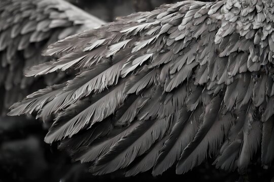 Close-up, detailed view of large, dark, textured feathers forming elegant wings