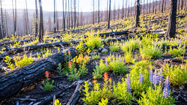 Wildflowers blooming among burnt logs in charred forest