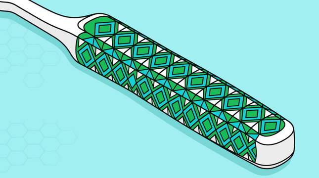 Modern toothbrush with geometric green pattern on a light blue background