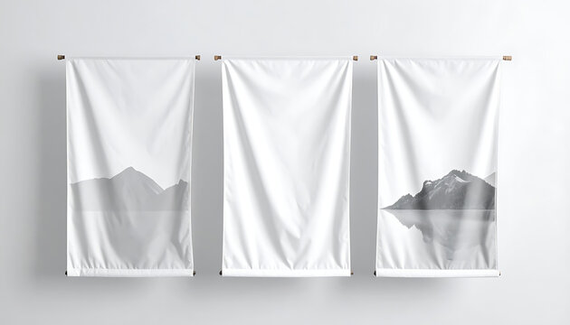 three vertical hanging fabric banners with monochrome mountain landscape prints for interior wall display
