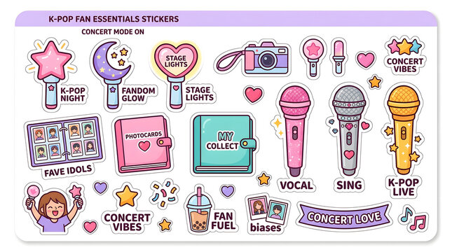 K-Pop Fan Essentials Sticker Sheet: A vibrant collection of cartoon-style stickers featuring K-pop concert essentials like light sticks, microphones, cameras, fan chant accessories, and photo cards.