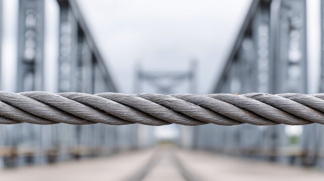 Close-up of thick metal cable spanning across a blurred bridge background