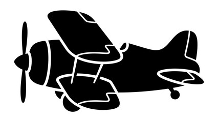 Biplane Silhouette: A classic biplane depicted in a striking black silhouette, showcasing its vintage design with propellers, wings, and tail. © Nazida