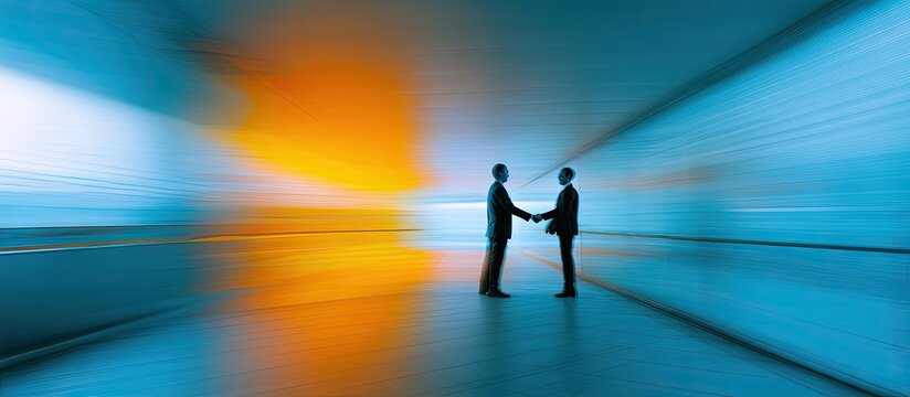Two figures in silhouette shake hands amidst a blur of orange and blue light