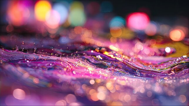 Abstract swirling vibrant colors with glowing bokeh lights and textured surface