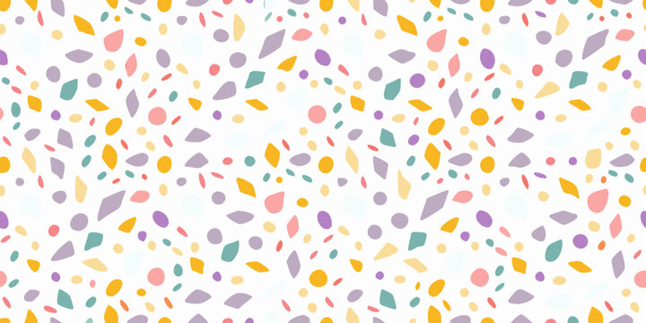 Colorful terrazzo pattern with irregular shapes on a white background