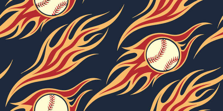 Baseball and flame pattern vibrant vector illustration on dark background