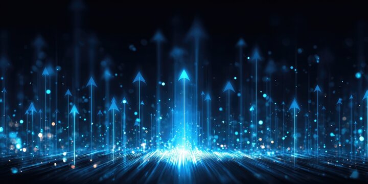 Glowing blue arrows ascend from a luminous base against a dark background