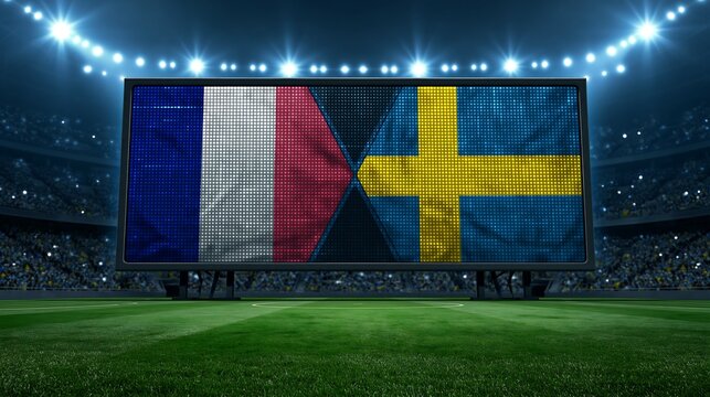 Digital stadium screen showing France and Sweden flags for an exciting international soccer match at night