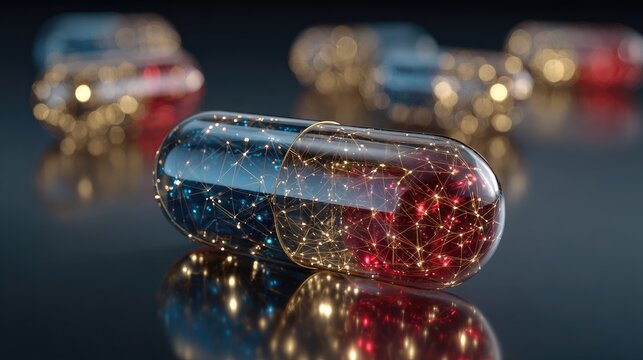 Futuristic capsule with glowing network of connections inside, medicine innovation