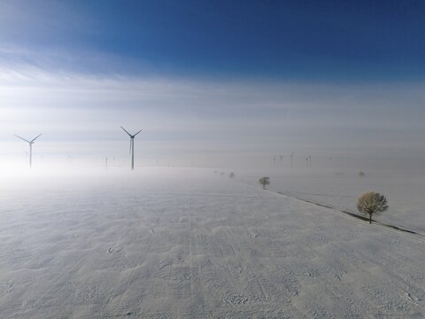 Wide snow-covered plain with wind turbines in fog under blue sky, aerial view, wind turbine and tree in snow in fog, between B&uuml;lten and Solschen, Ilsede, Peine district, Lower Saxony, Germany