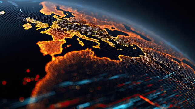 Illuminated globe with glowing continents and data streams