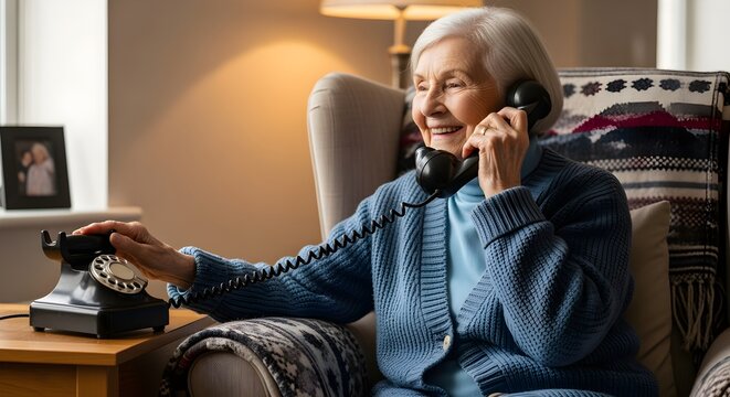 An elderly person happily talking on an old-fashioned rotary phone to a loved one.