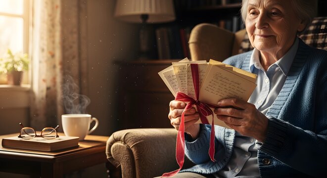 An elderly person reading a stack of old love letters tied with a ribbon.
