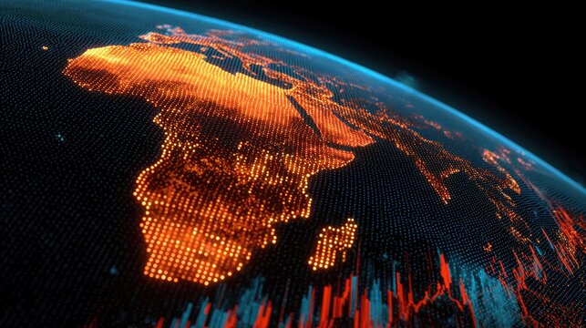 Illuminated digital planet showing Africa at night, glowing cities, and global data streams