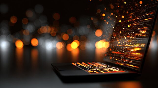 Glowing laptop screen emitting vibrant digital data streams into dark, bokeh-filled space