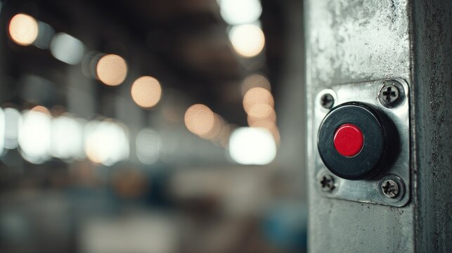 Close up of a red emergency stop button on industrial machinery, bokeh background