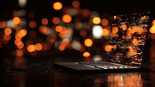 Laptop screen displays glowing digital data against a bokeh city night background