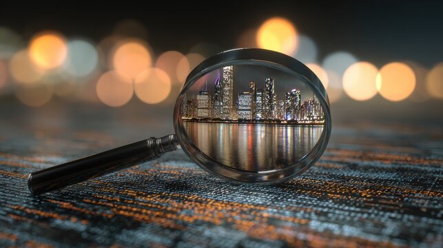 Magnifying glass reveals illuminated city skyline at night, reflected in water