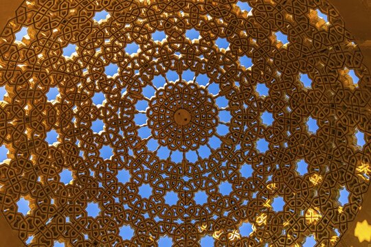 Richly decorated dome of a pavilion on the Corniche of Mutrah, Muscat, Arabian Peninsula, Sultanate of Oman