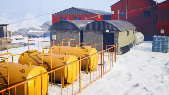 Yellow tanks by red cabins, snowcovered outpost with insulated modules and barrels soft sunrise casts warm light on icy compound, purposebuilt supply hub