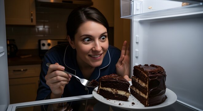 Someone sneaking a second slice of decadent chocolate cake from the fridge with a mischievous smile.