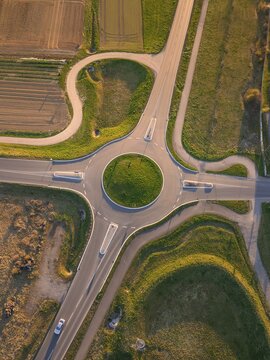 Aerial view of a rural roundabout surrounded by fields and roads, Nagold, Black Forest, Germany