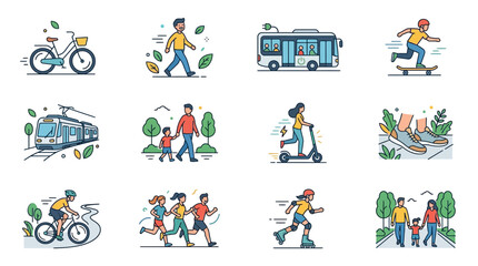 Fototapeta premium Flat Illustrations of Eco-friendly Urban Mobility and Outdoor Activities