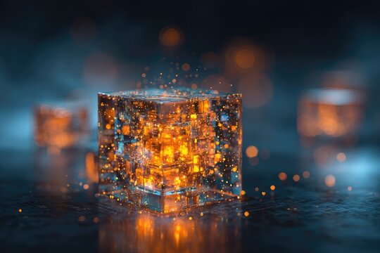 Glowing crystalline cube with internal geometric structures and energy particles