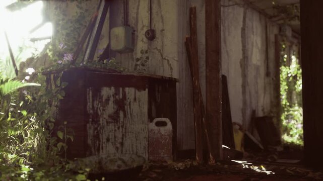 Shadowed derelict shed corner with tools, broken wooden shelves, rusted hardware, soft moss creeping through cracks, dappled morning light, quiet atmosphere
