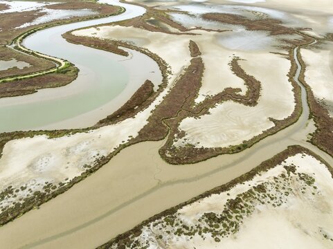 The Barbate river and surrounding marshland at low tide. Nature Reserve La Bre&ntilde;a y Marismas del Barbate. Aerial view. Drone shot. C&aacute;diz province, Andalusia, Spain