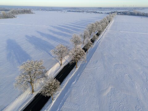 Landscape in winter with snow-covered fields and trees along a road, long shadows visible, aerial view, winter, hoarfrost, between Adenstedt and Gro&szlig; B&uuml;lten, municipality of Ilsede, district of Peine, Lower Saxony, Germany