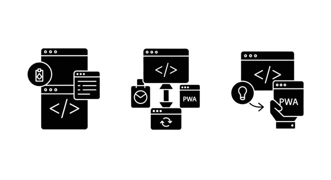 Progressive Web App Development Icons: Code, Battery, Sync, Idea