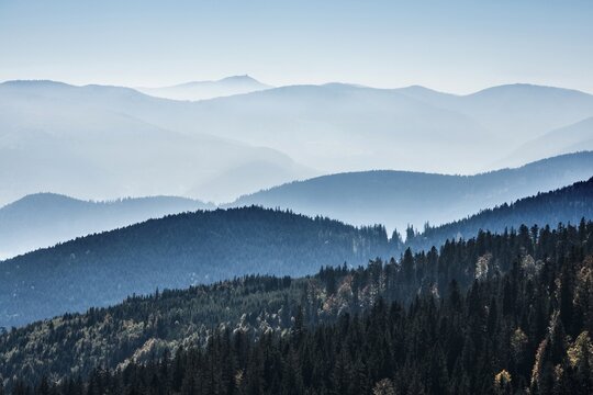 Staggered mountain ranges in haze, at Hohneck, Col de la Schlucht, Vosges, Alsace-Lorraine, Vosges Haut-Rhin Department, France