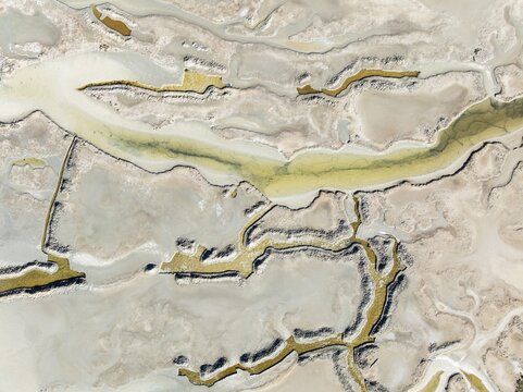 Marshland in the Bah&iacute;a de C&aacute;diz Nature Reserve. Aerial view. Drone shot. C&aacute;diz province, Andalusia, Spain