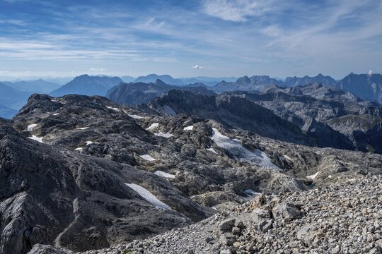 View from the summit of the Hochk&ouml;nig of the Berchtesgaden Alps with Steinernem Meer and Watzmann, as well as Loferer and Leoganger Steinberge, Salzburger Land, Austria