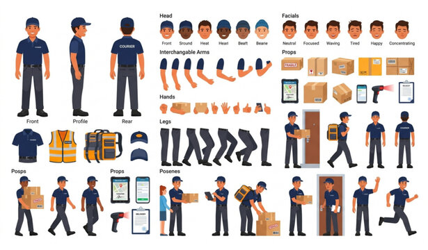 Courier delivery character creator with body parts poses and animation vector set